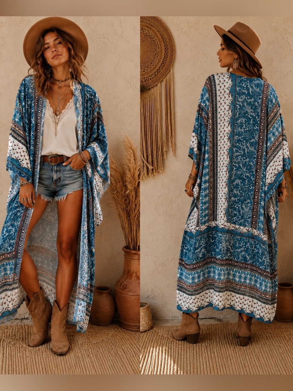 Ces Femme Boho Festival Blue Floral Pattern Print Kimono Cardigan Medium NWT